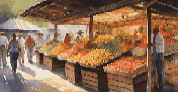 A lively market with a variety of colorful fruits displayed on wooden stalls, illuminated by warm sunlight.