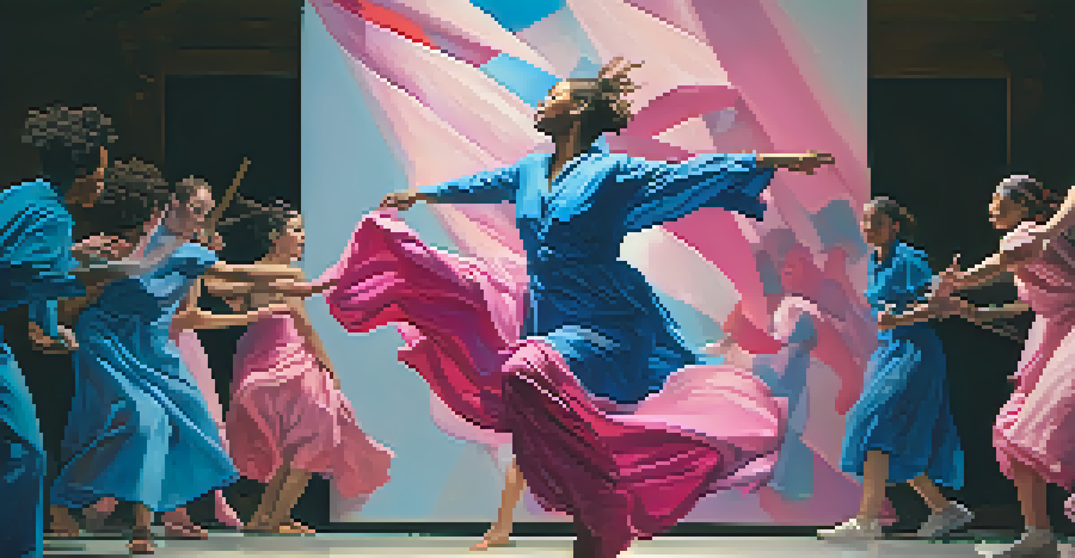 An artist in a colorful flowing costume performing in front of an abstract mural, with an engaged audience and dramatic lighting.