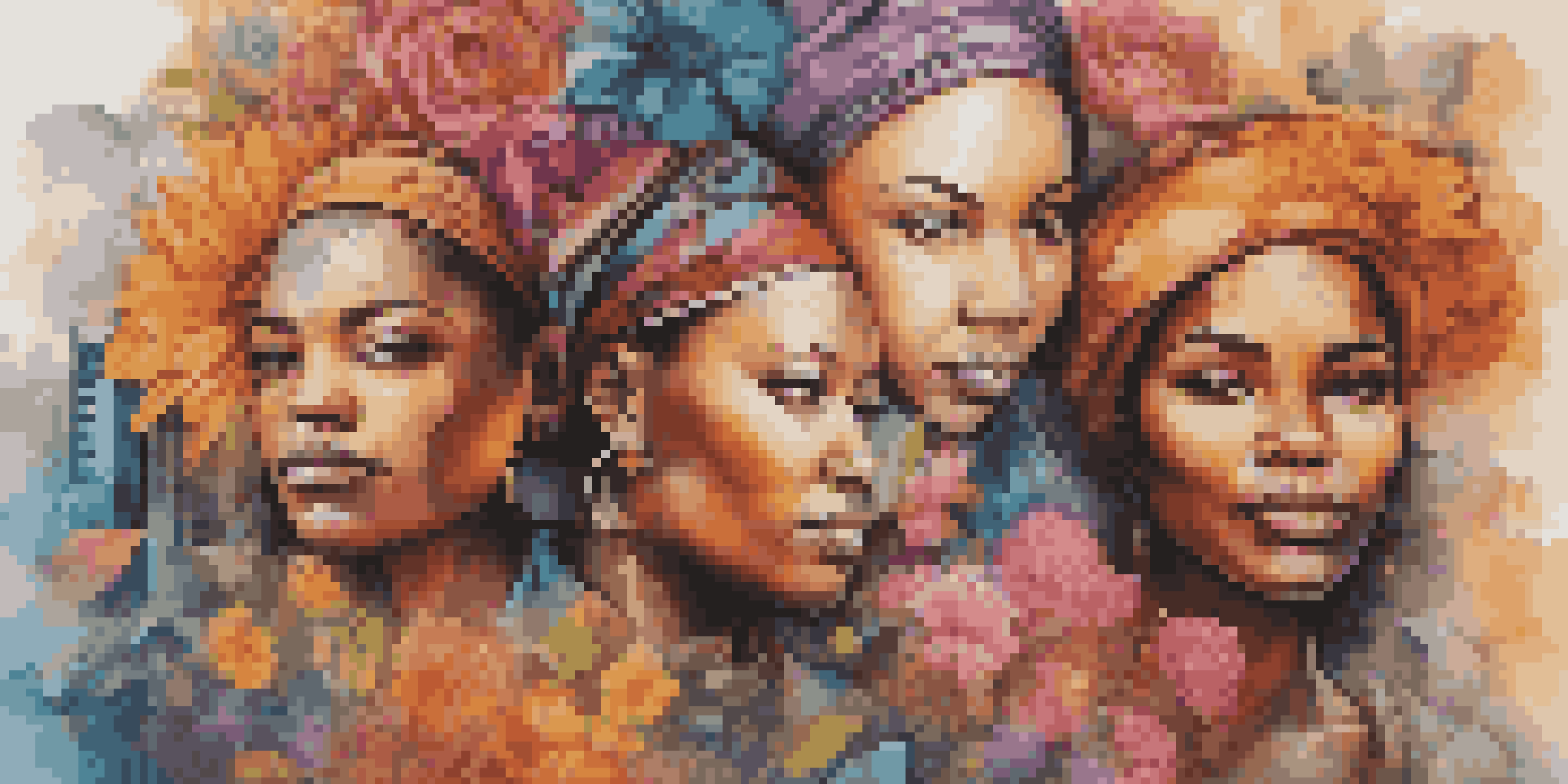 A colorful street art mural depicting women from different cultures surrounded by flowers, with a city skyline in the background.