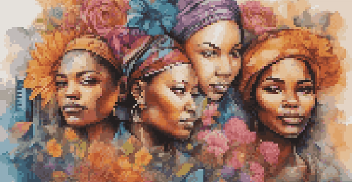 A colorful street art mural depicting women from different cultures surrounded by flowers, with a city skyline in the background.