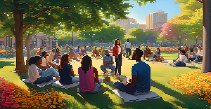 A colorful mural showing people of different backgrounds discussing in a sunny park surrounded by greenery.