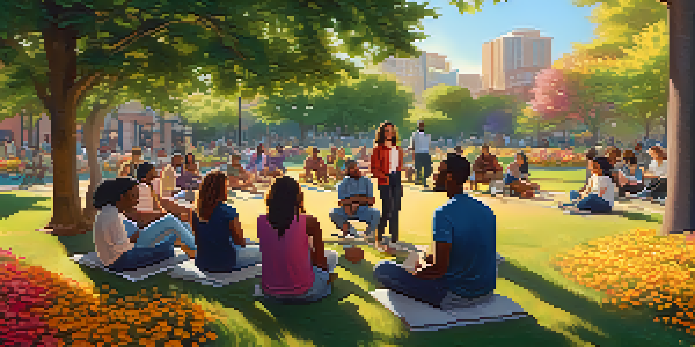 A colorful mural showing people of different backgrounds discussing in a sunny park surrounded by greenery.