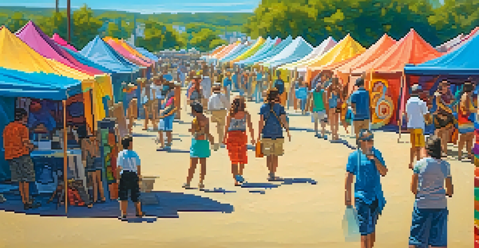 A lively outdoor art festival with artists in colorful tents and visitors enjoying the art under a clear sky.