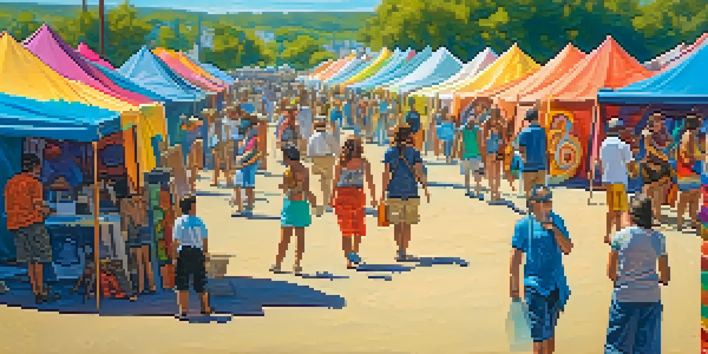 A lively outdoor art festival with artists in colorful tents and visitors enjoying the art under a clear sky.
