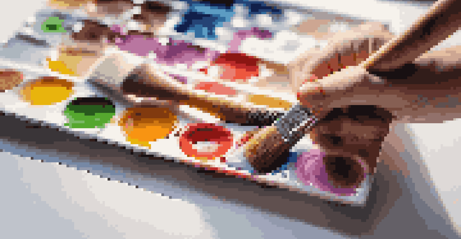 A close-up of a hand holding a paintbrush above a colorful canvas, representing creativity and emotional expression.