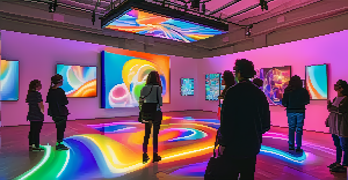 A colorful virtual reality art gallery with glowing sculptures and visitors interacting with the art.