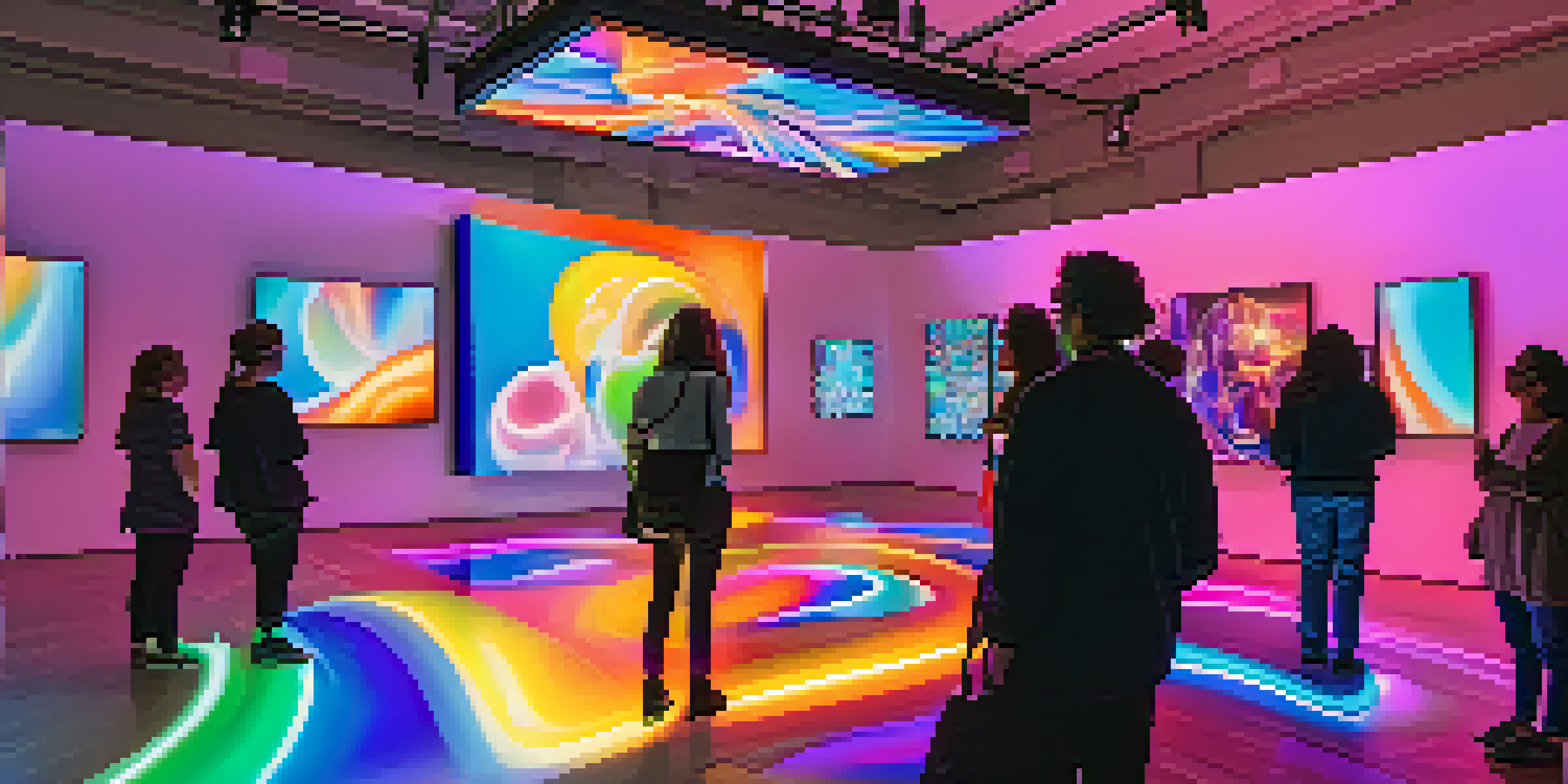 A colorful virtual reality art gallery with glowing sculptures and visitors interacting with the art.