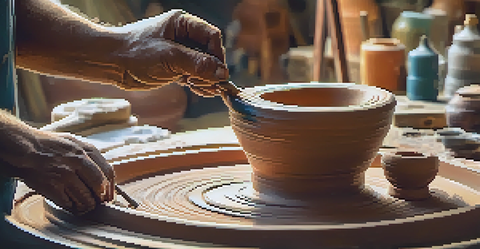 Close-up of an artisan's hands shaping clay on a pottery wheel, with colorful glazes and tools around, in a warmly lit studio.