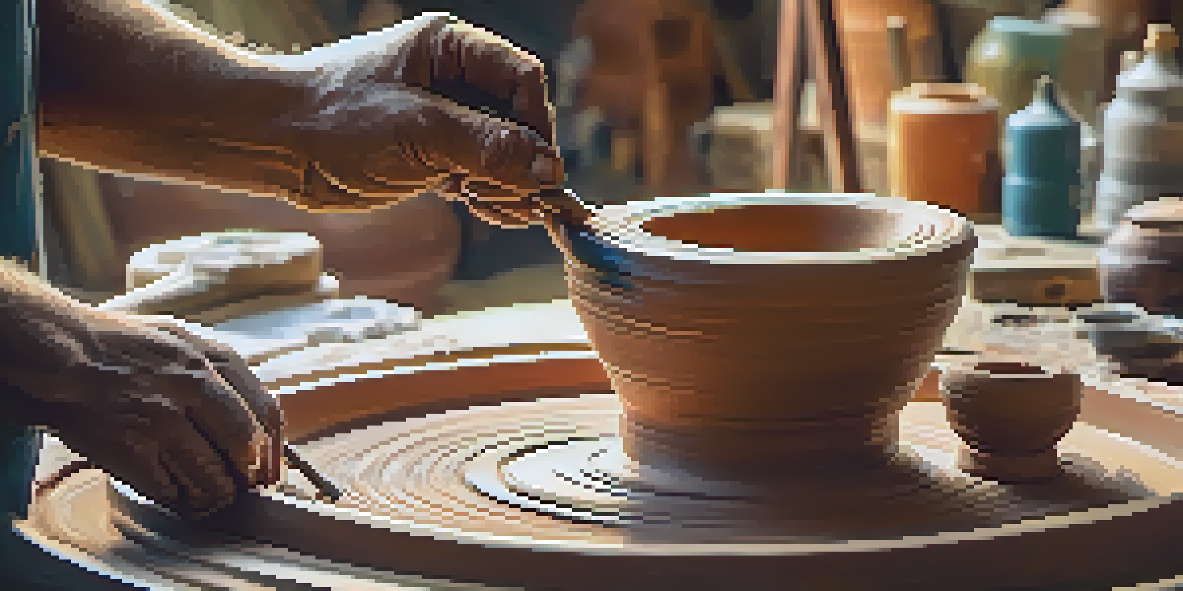 Close-up of an artisan's hands shaping clay on a pottery wheel, with colorful glazes and tools around, in a warmly lit studio.