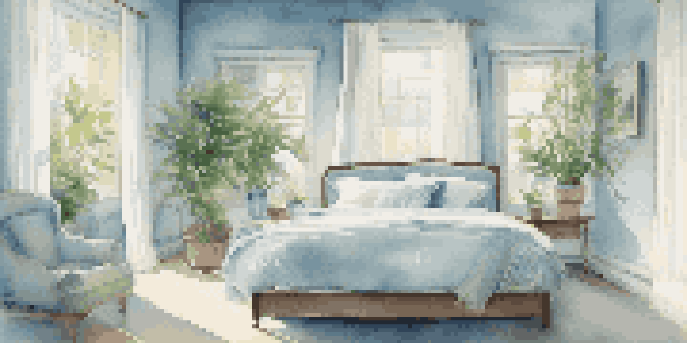A tranquil bedroom with blue walls, a large window with sheer curtains, and a neatly made bed, creating a peaceful atmosphere.
