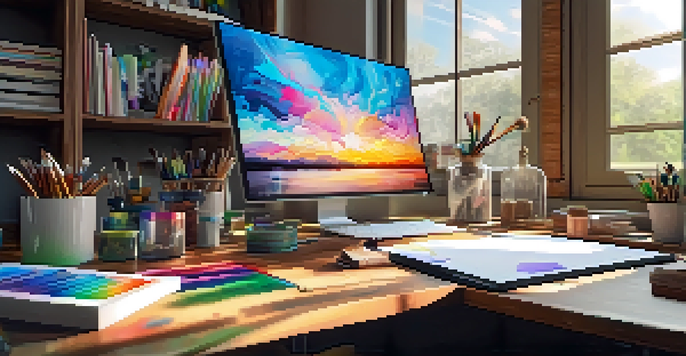 A digital art studio with a drawing tablet on a desk, sunlight streaming through a window, and colorful sketches on a corkboard.