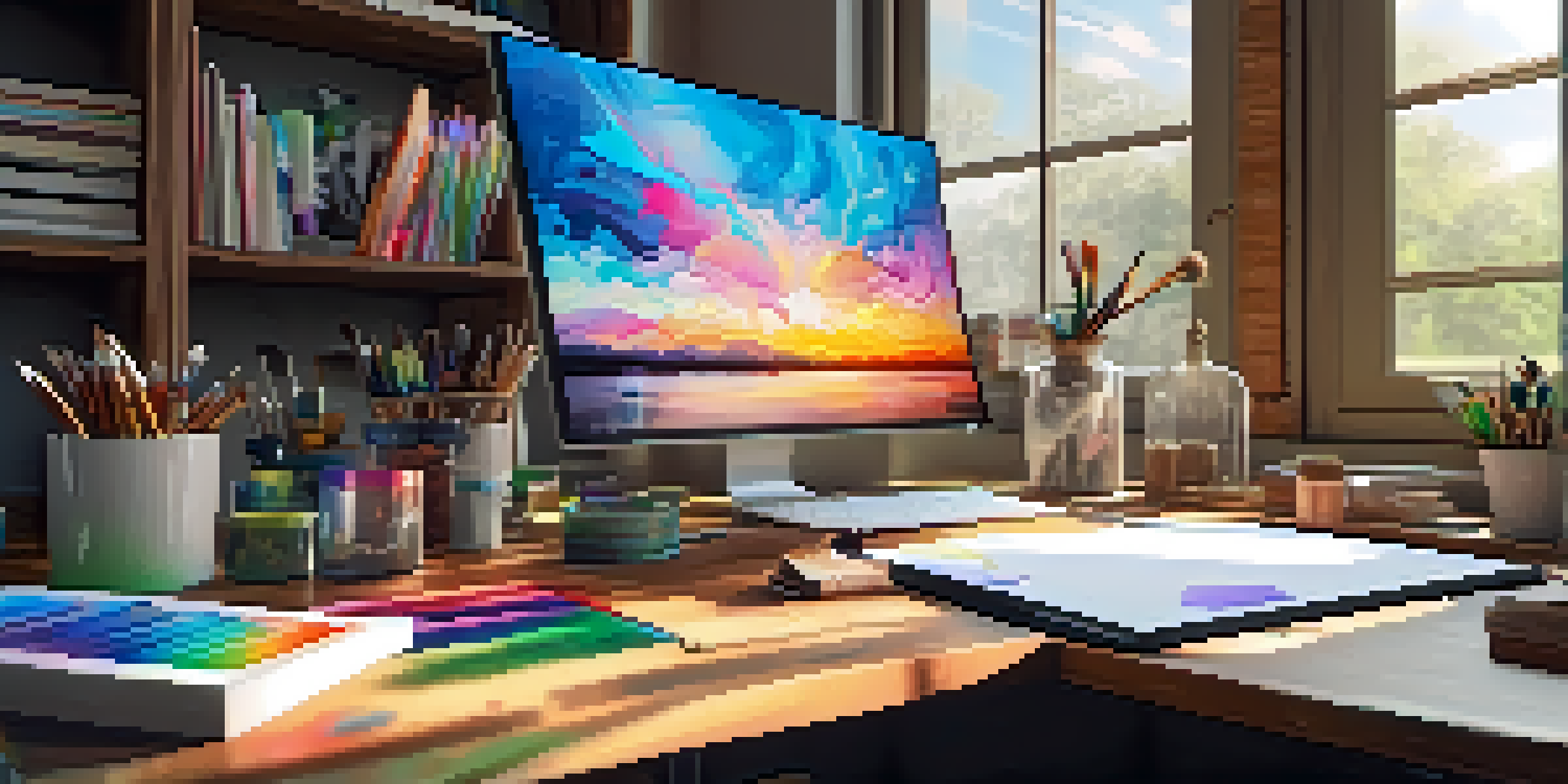 A digital art studio with a drawing tablet on a desk, sunlight streaming through a window, and colorful sketches on a corkboard.