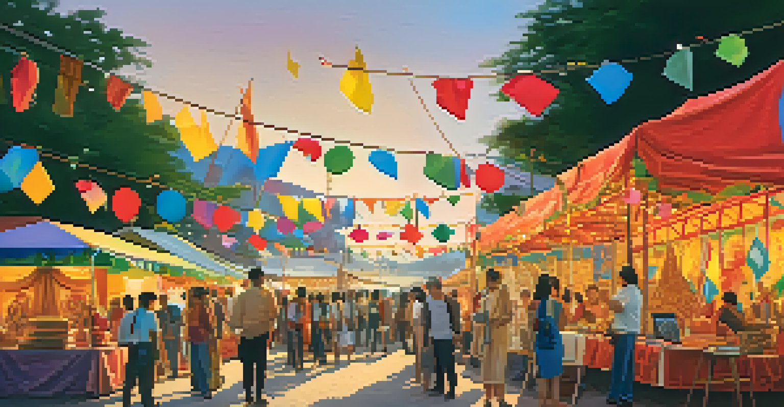A cultural festival with art displays and attendees enjoying vibrant artworks under a sunset sky.