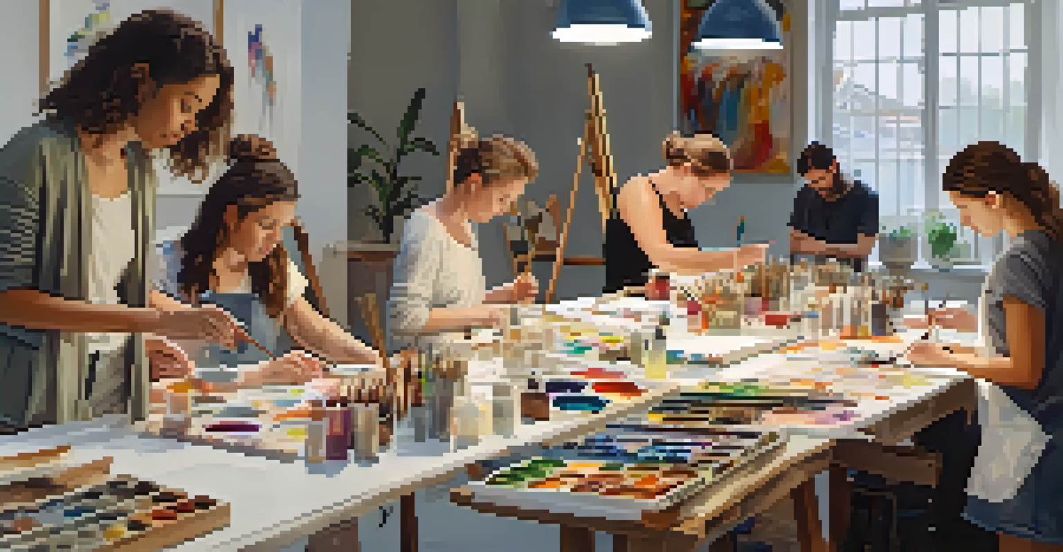 A diverse group of people participating in an art therapy workshop, surrounded by art supplies and engaged in creative expression.