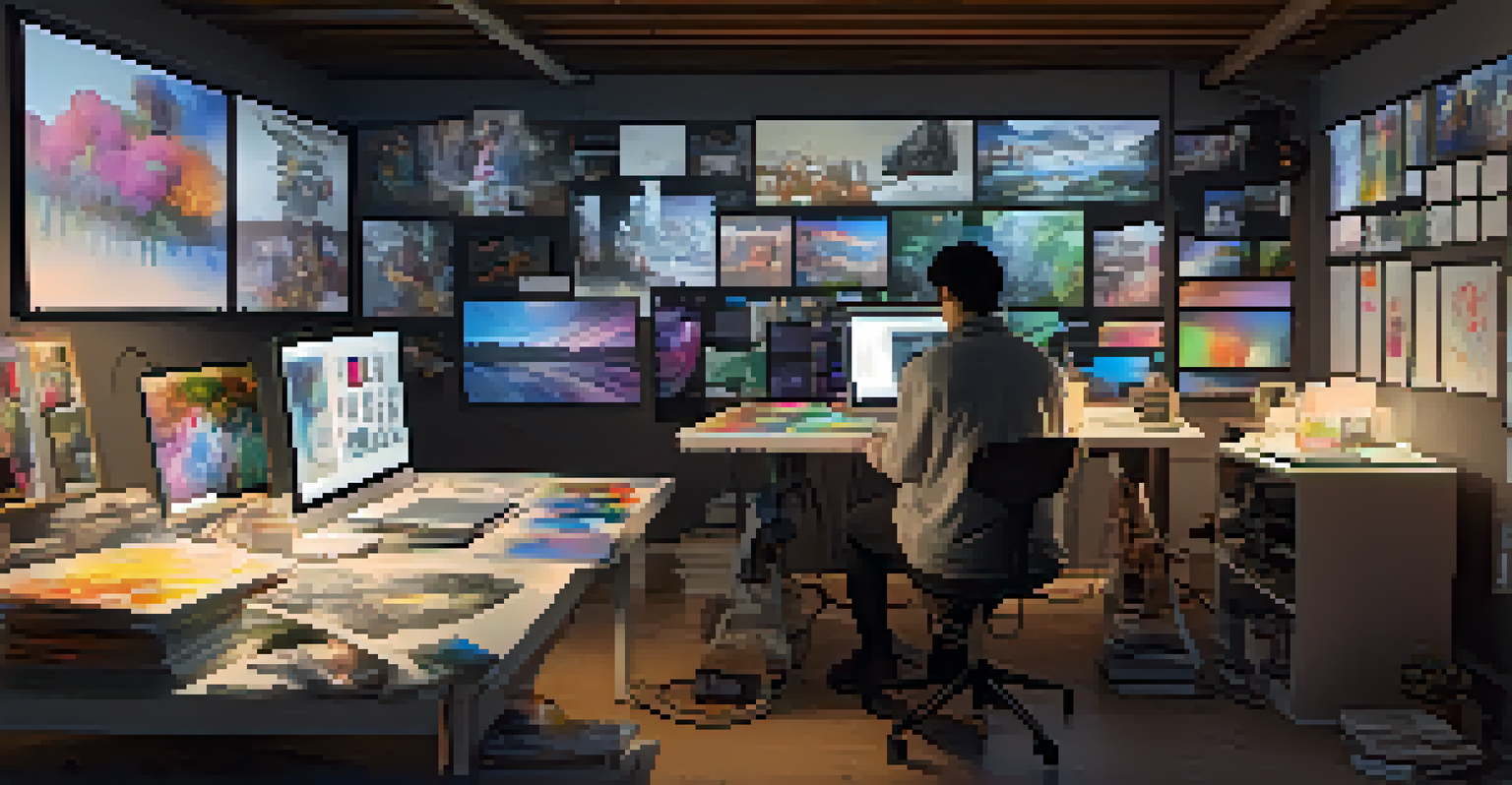 A digital artist working in a studio, with sketches and digital artworks around, immersed in creating a culturally inspired piece.