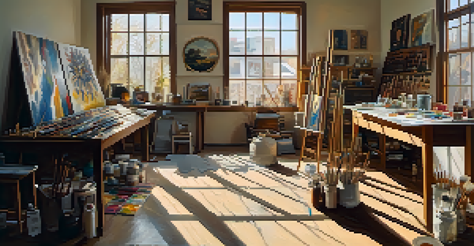An artist's studio showcasing canvases with diverse cultural themes, filled with art supplies and bathed in natural light.