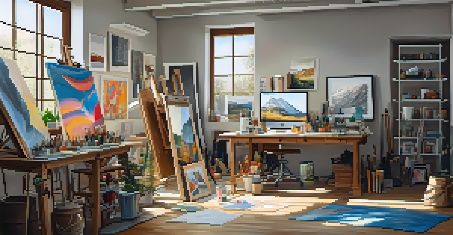 An artist in a bright studio painting on a canvas while using a smartphone to share their work on social media, surrounded by art supplies.