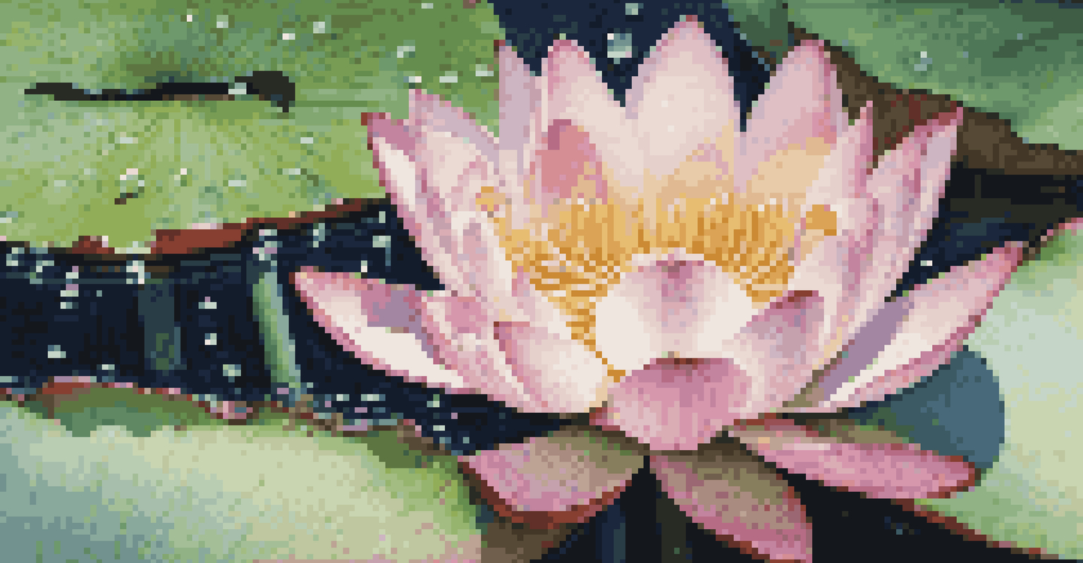 A close-up of a blooming lotus flower with raindrops on its petals in a serene pond.