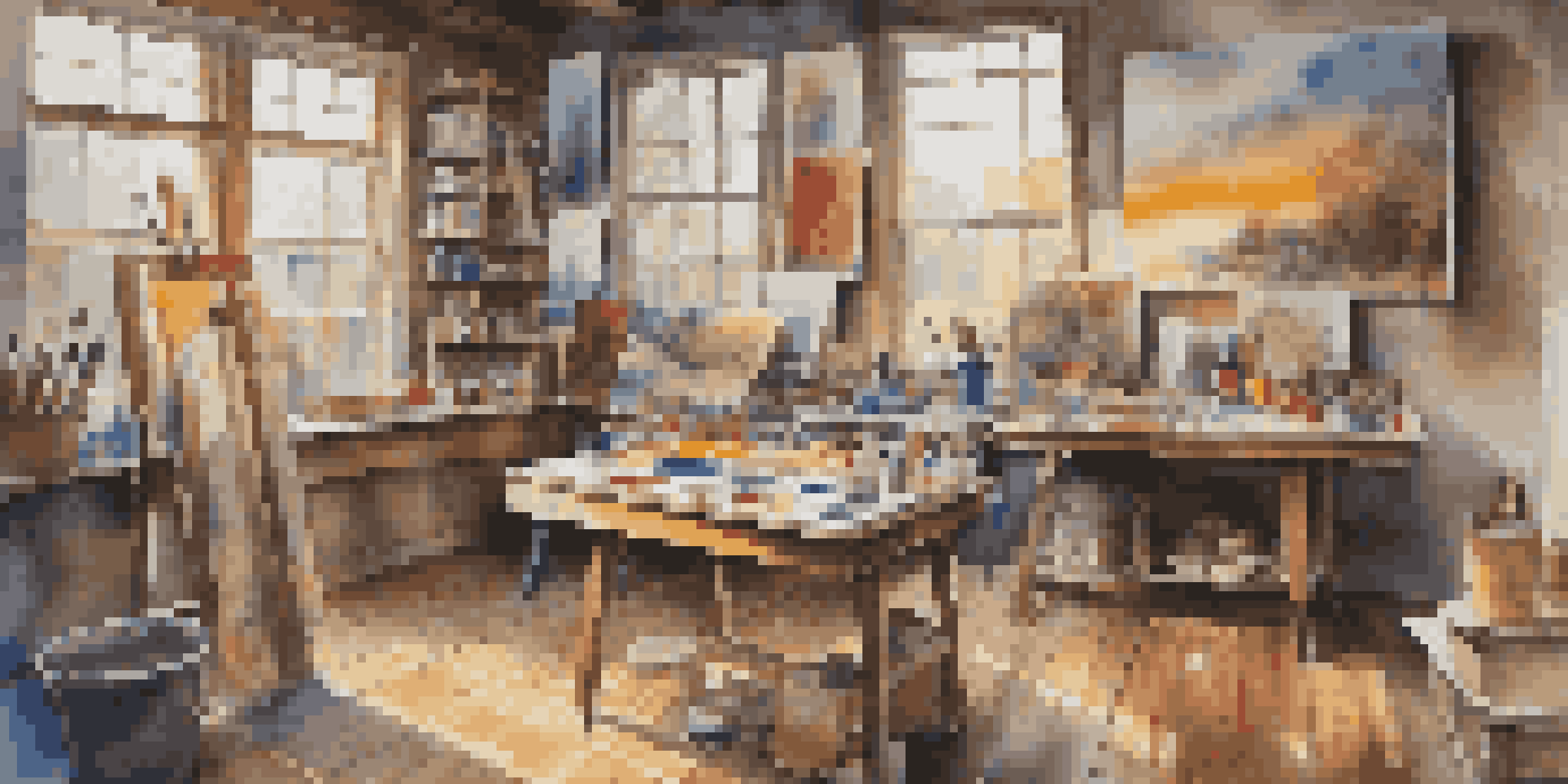 An artist's studio filled with colorful paintings and art supplies, illuminated by natural light.