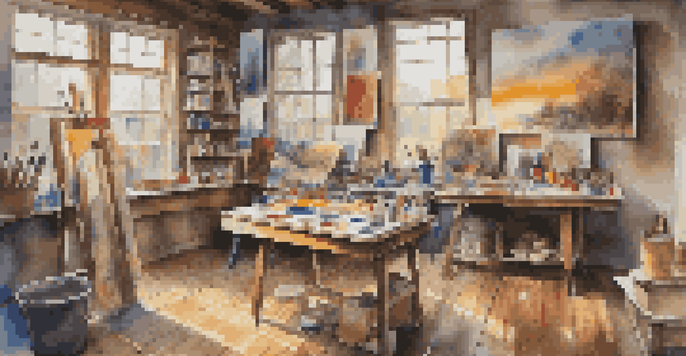 An artist's studio filled with colorful paintings and art supplies, illuminated by natural light.