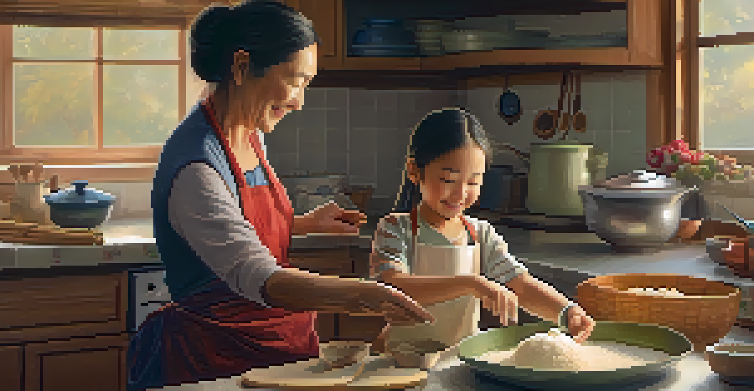 A warm kitchen where a grandparent teaches a child to make dumplings, with flour and ingredients spread across the countertop.