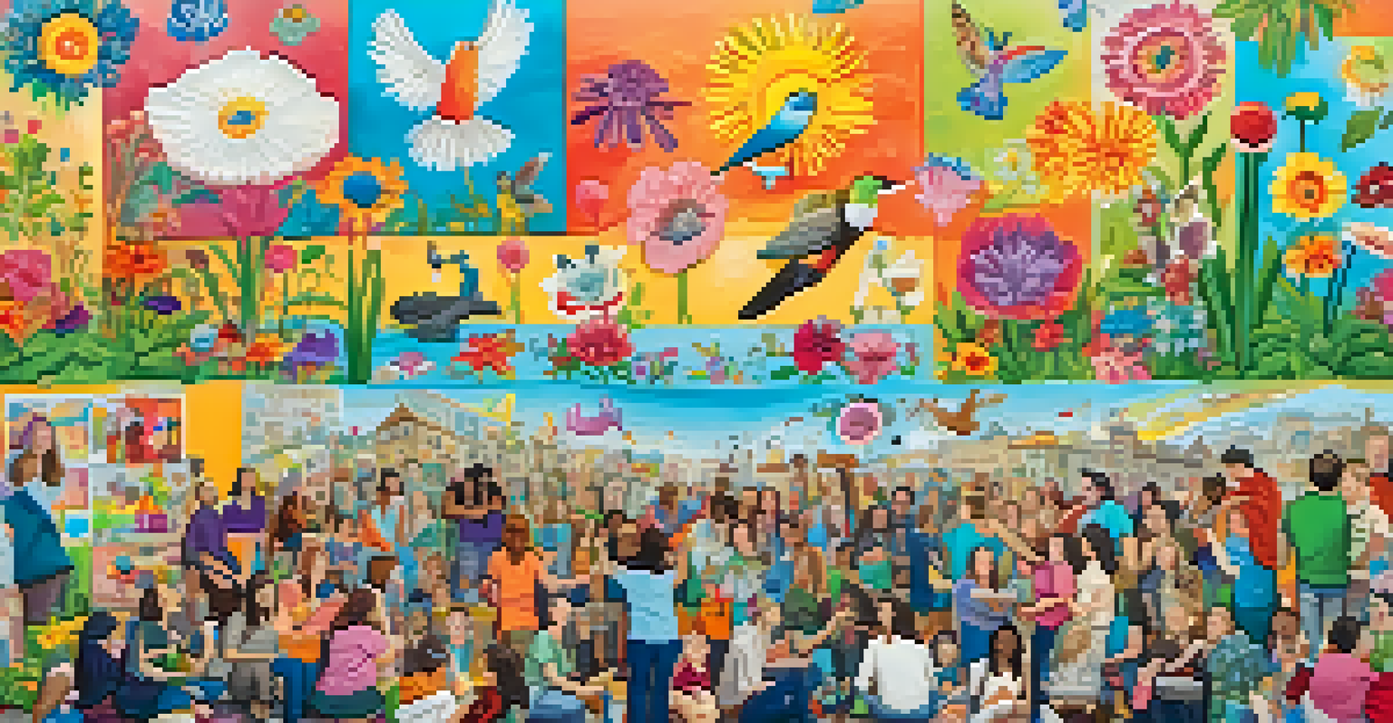 A group of people collaboratively painting a vibrant mural with funny imagery, showcasing community and laughter.