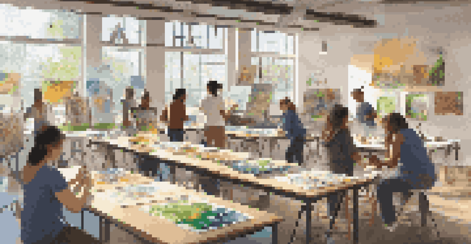 A diverse group of people engaging in a community art workshop focused on environmental themes, surrounded by colorful art supplies.
