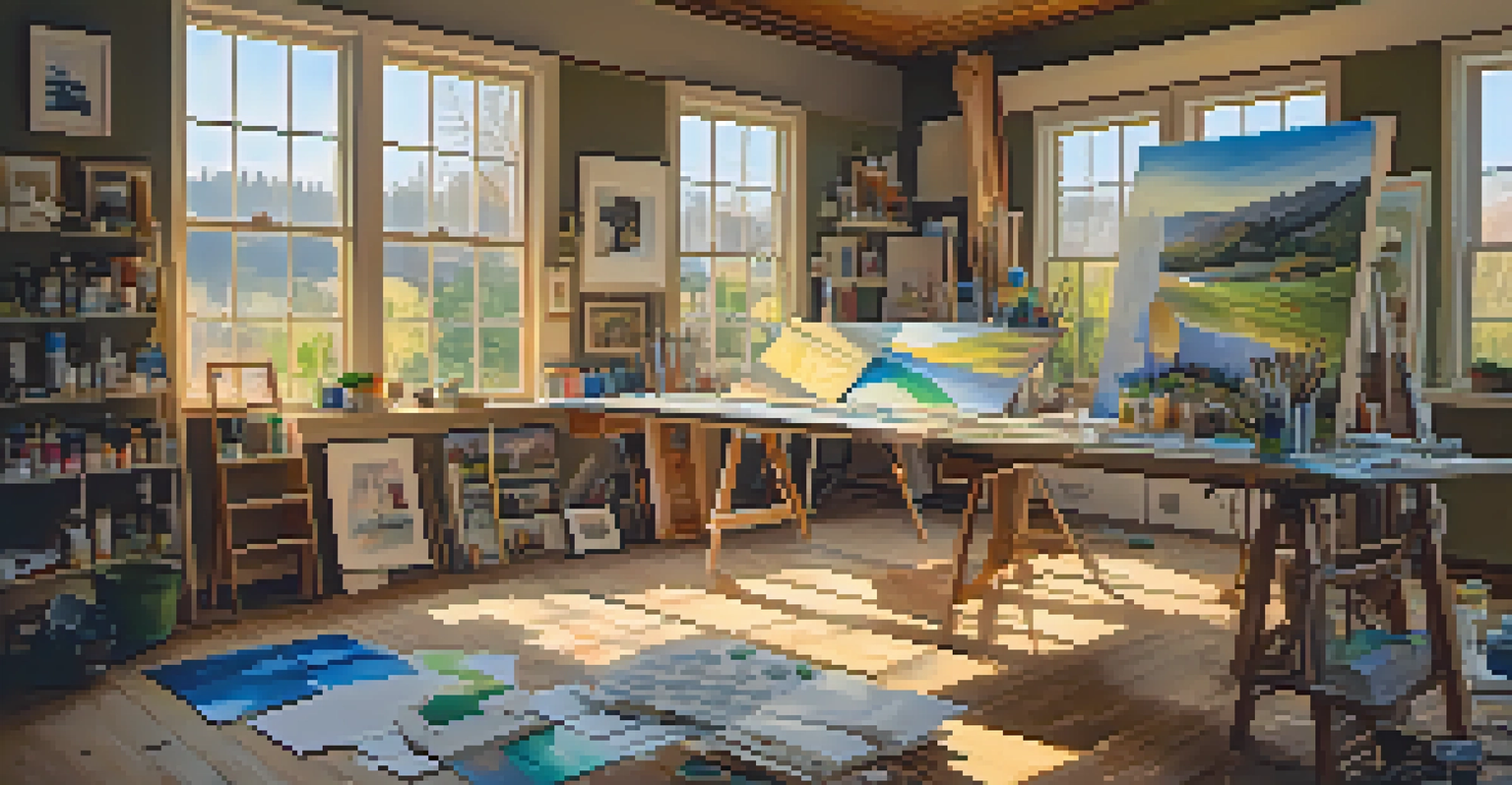 An artist's studio bathed in warm sunlight, showcasing unfinished artwork and art supplies, creating an inviting creative environment.