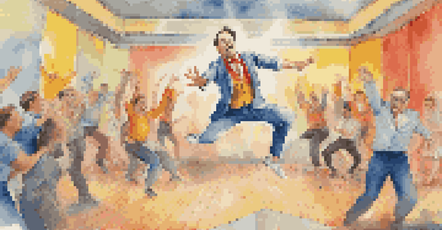 An illustration of a physical comedy performance with a performer in a pratfall surrounded by colorful props and an energetic backdrop.