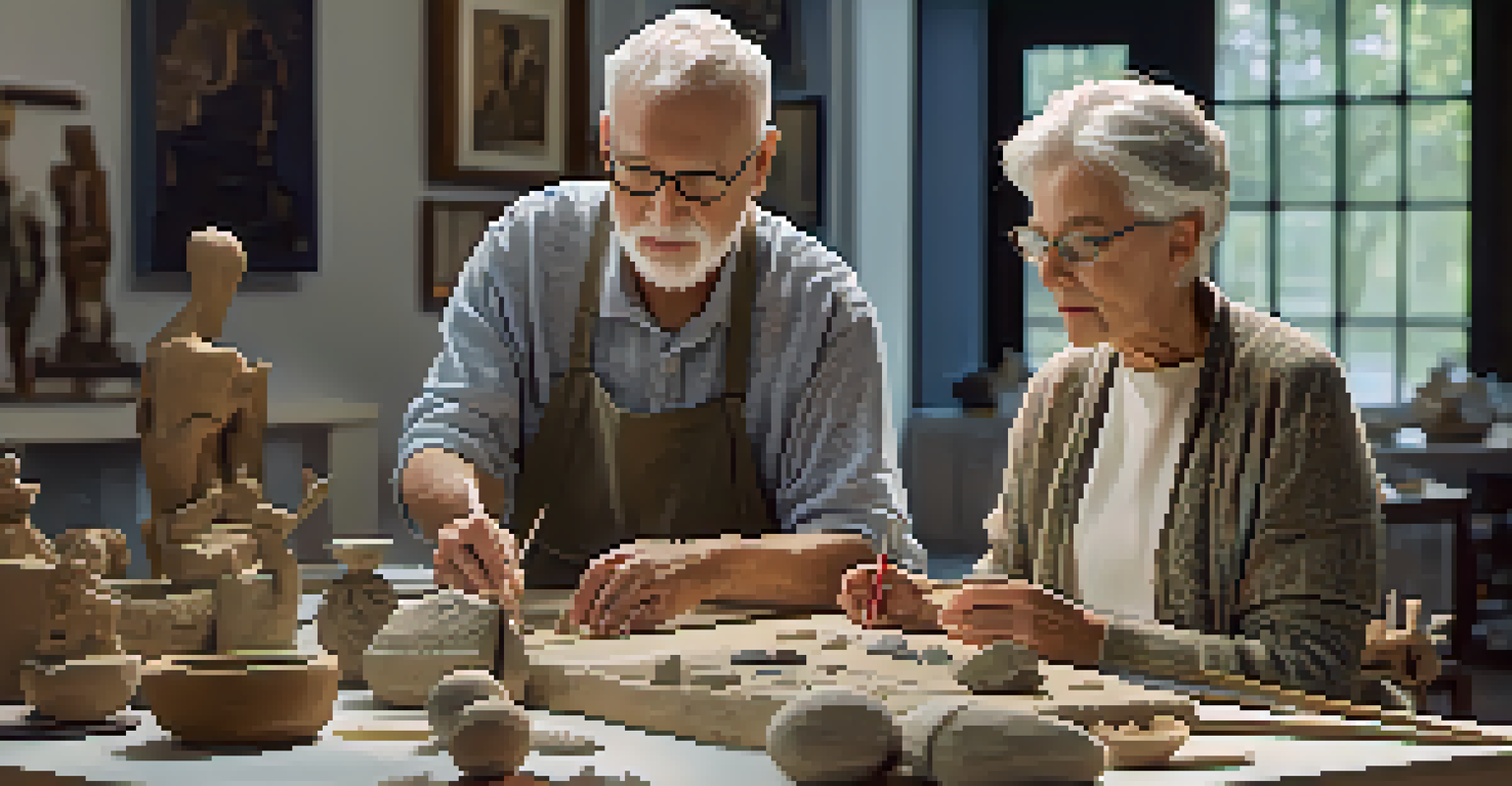 An art therapist instructing an elderly person in a serene environment filled with sculptures and soft lighting.
