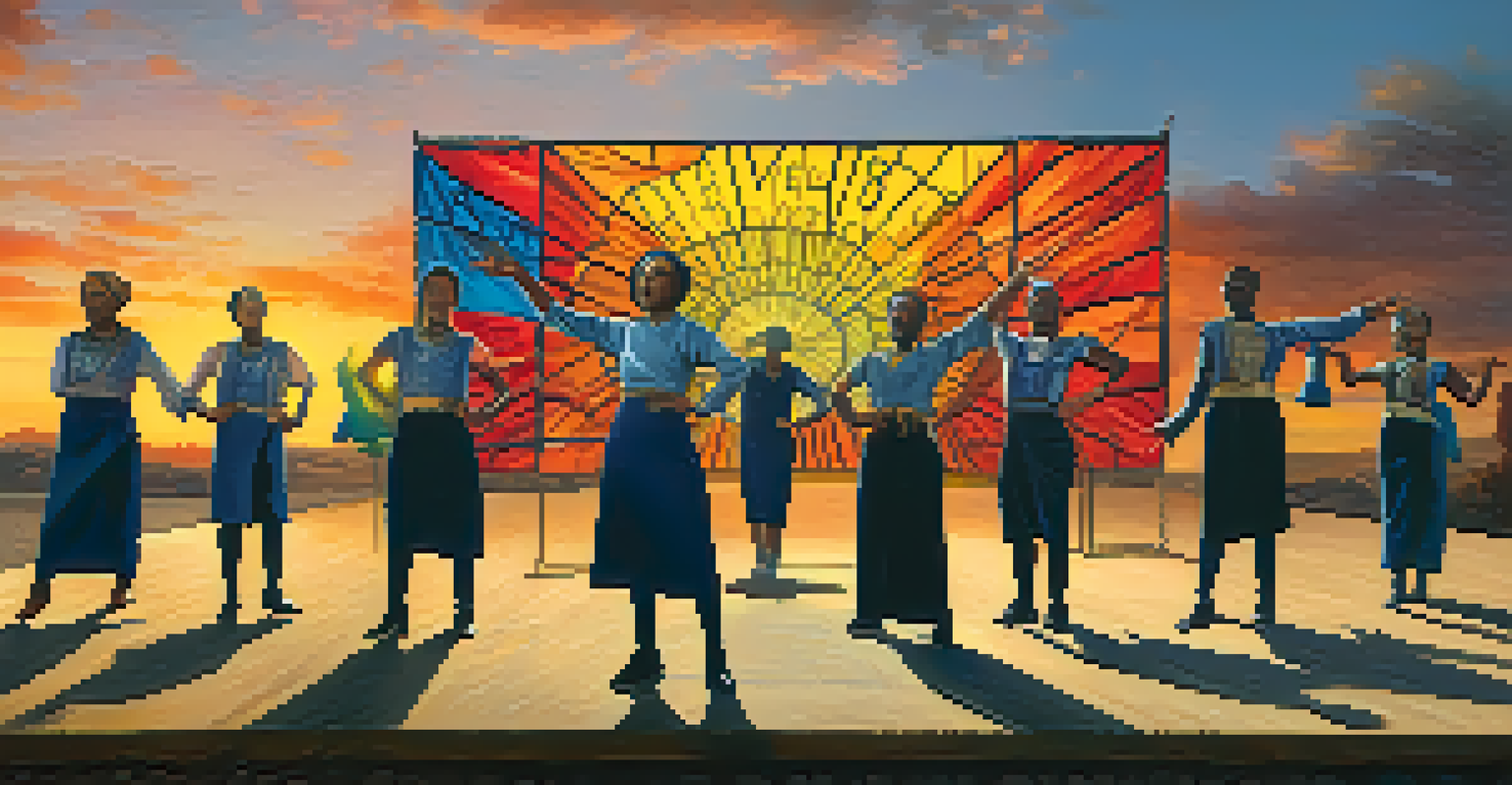 A group of performers in an outdoor space, using expressive movements to convey messages of equality and unity against a sunset backdrop.