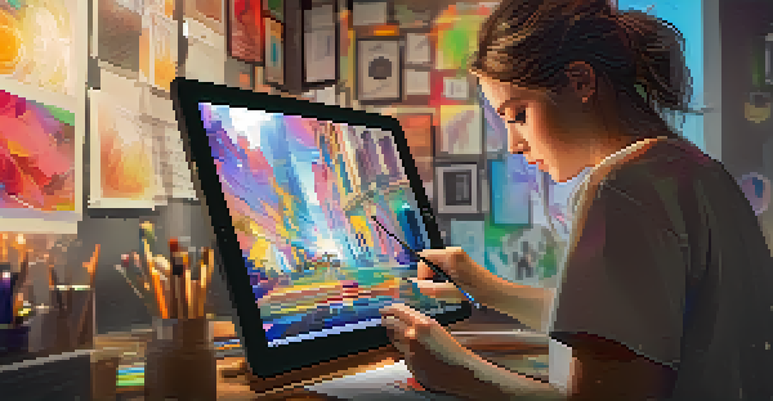 A digital artist working intently on a tablet, with colorful art displayed on the screen and art supplies around them.