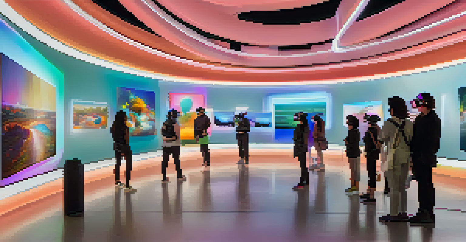 A futuristic virtual art gallery with visitors wearing VR headsets, exploring immersive art installations.