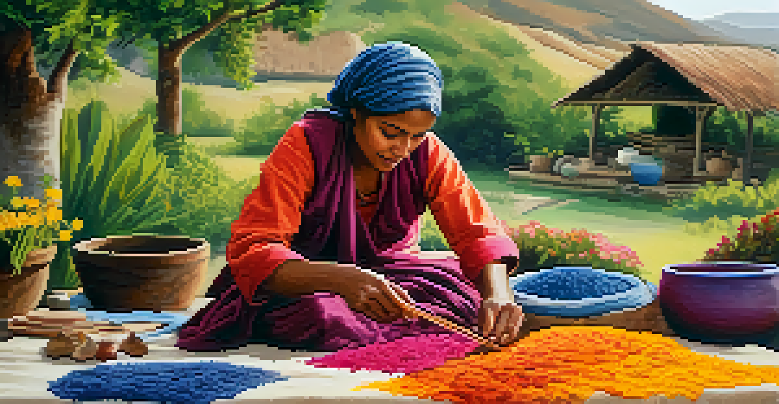 An artisan applying natural dyes to textiles in a picturesque outdoor setting, surrounded by plants and vibrant colors.