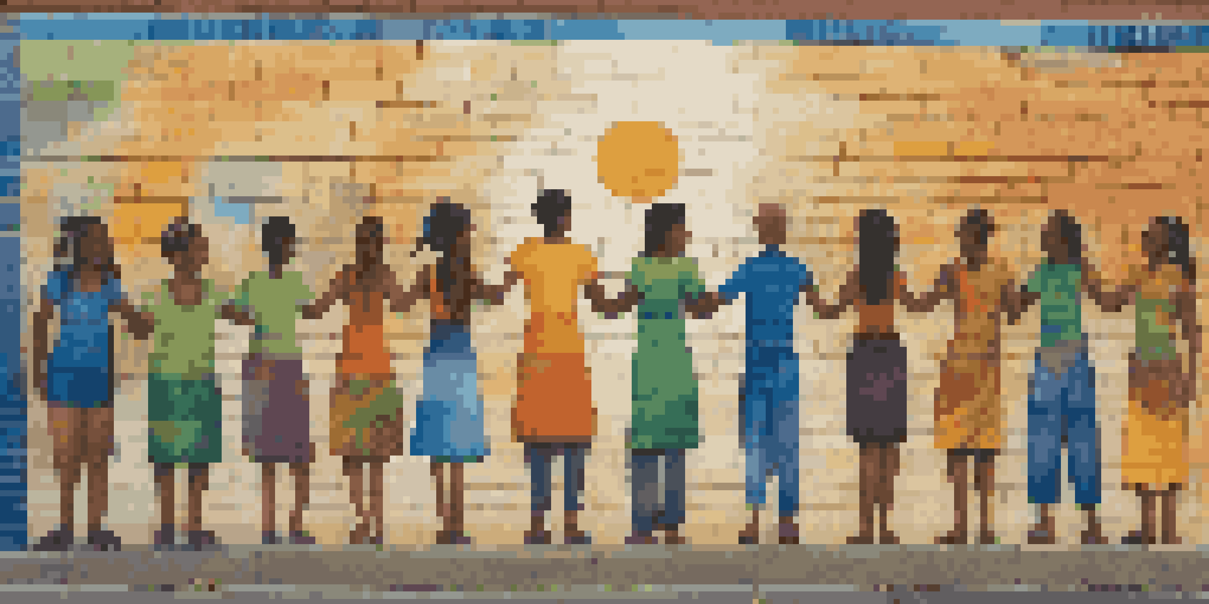 A colorful street mural showing a diverse group of people holding hands to represent unity and social justice, with cultural symbols and bright colors.