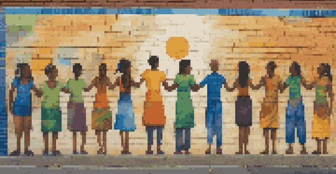 A colorful street mural showing a diverse group of people holding hands to represent unity and social justice, with cultural symbols and bright colors.