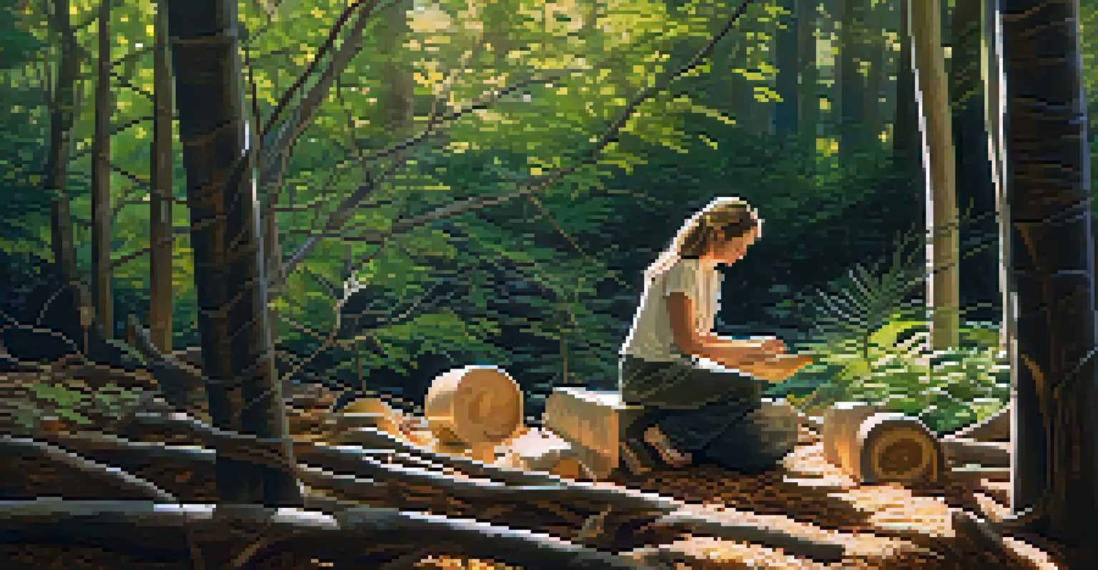 An artist in a forest creating an eco-art installation from natural materials, surrounded by sunlight and greenery.