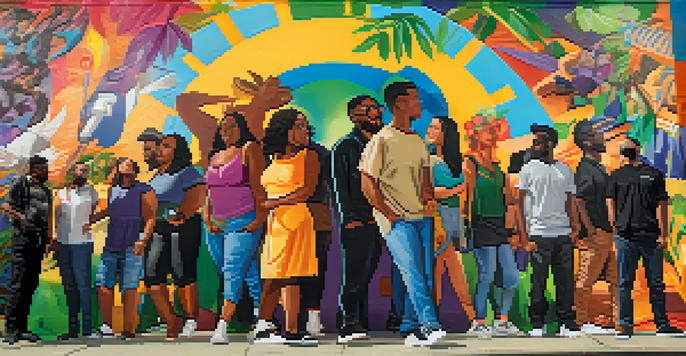 A diverse group of people stand united in front of a colorful street mural about social justice, surrounded by an urban setting.