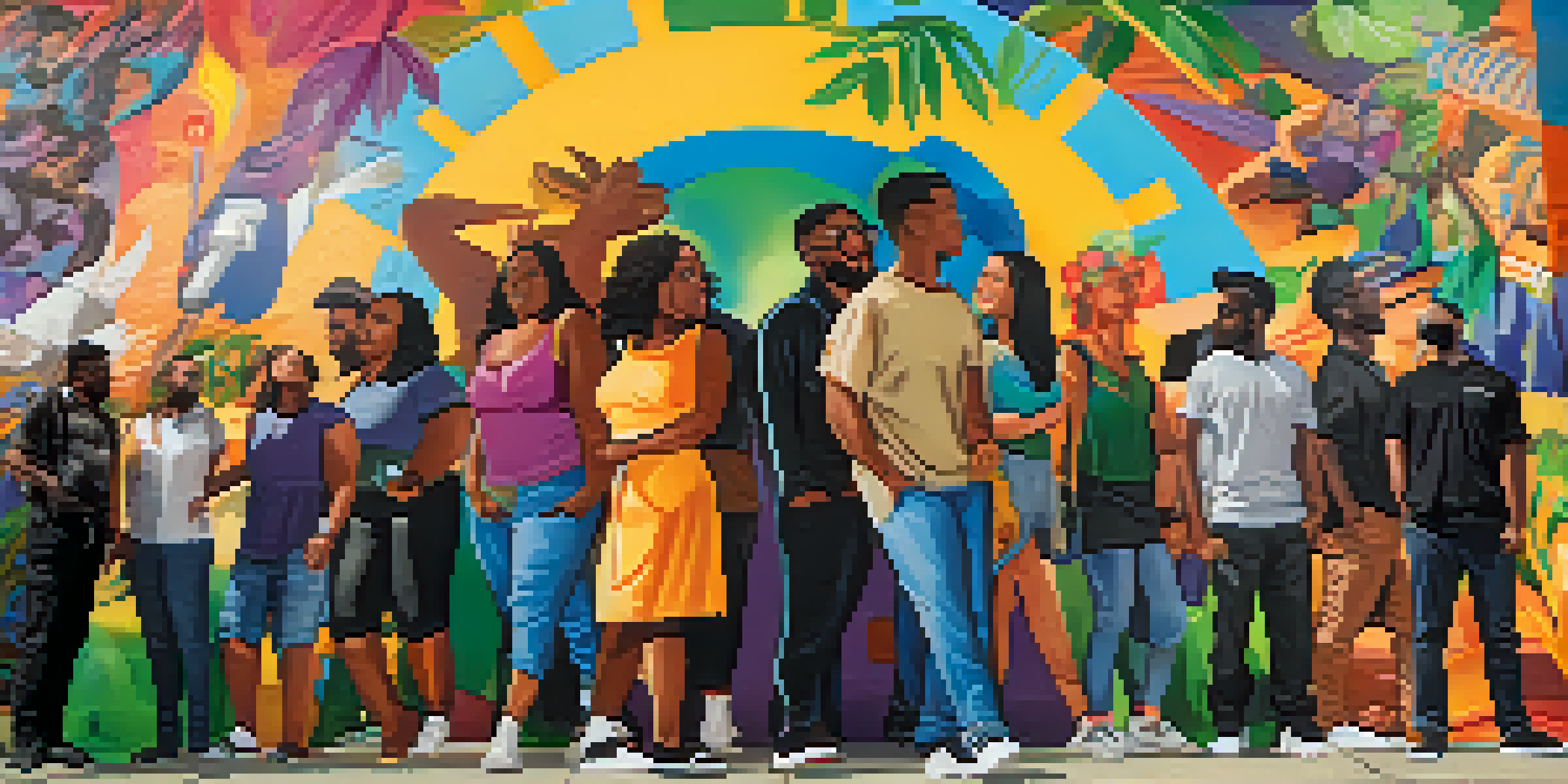 A diverse group of people stand united in front of a colorful street mural about social justice, surrounded by an urban setting.