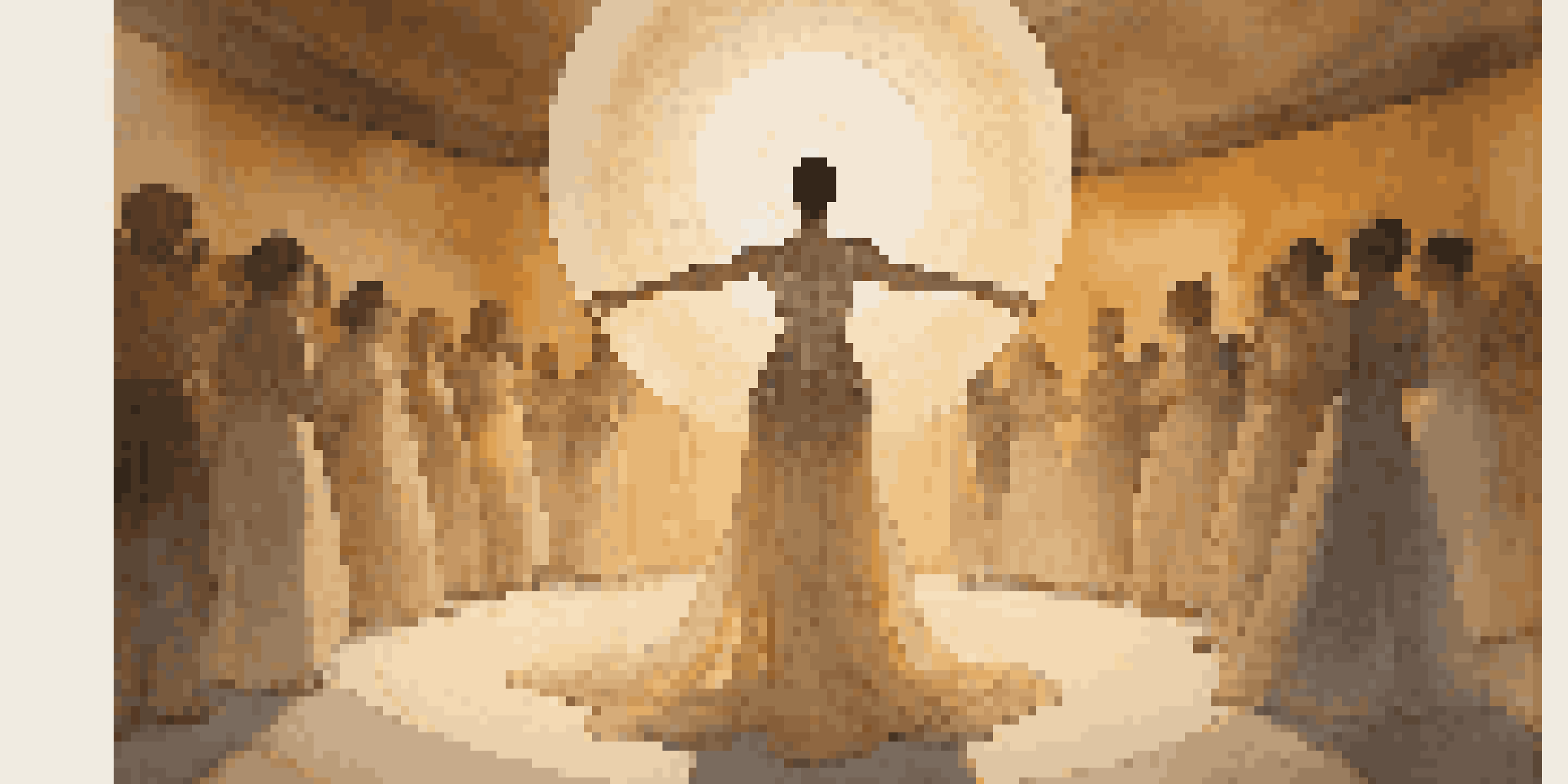 A performance artist in an elaborate costume stands on stage, surrounded by an engaged audience in a warm, glowing light.