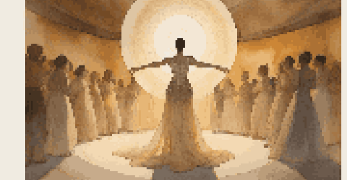 A performance artist in an elaborate costume stands on stage, surrounded by an engaged audience in a warm, glowing light.