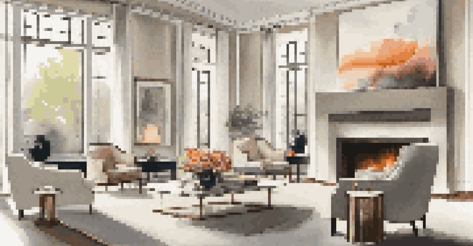 An elegant living room with a contemporary painting above a fireplace.