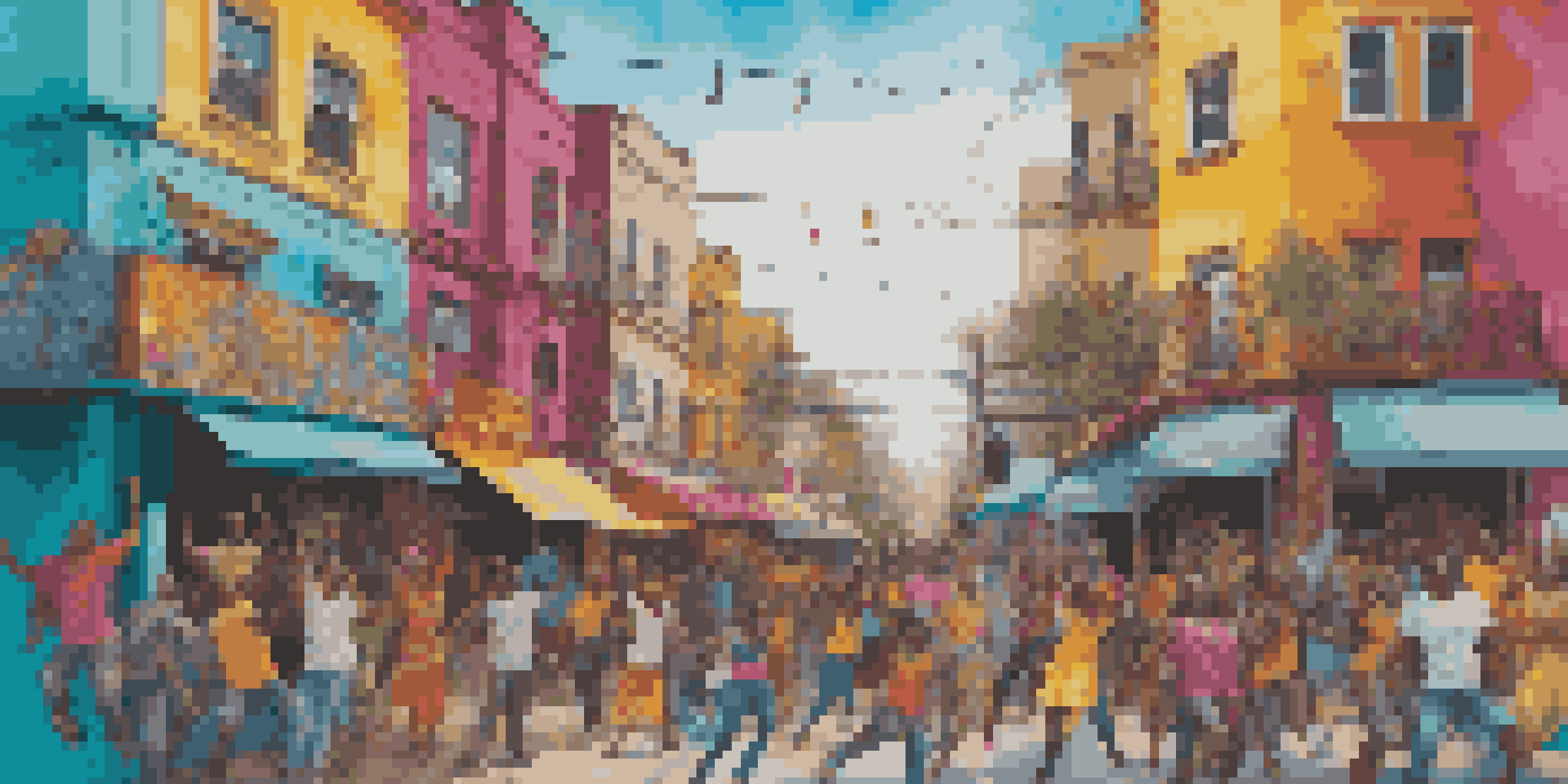 A colorful mural showing a lively community scene with people enjoying art and music under a sunny sky.