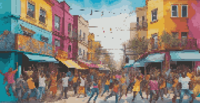 A colorful mural showing a lively community scene with people enjoying art and music under a sunny sky.