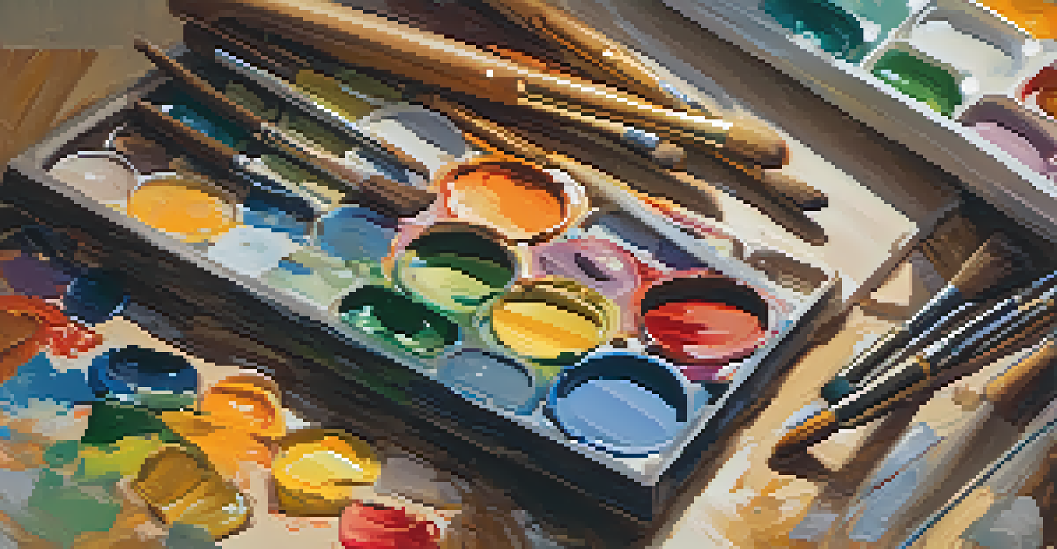 A close-up of a painter's palette with vibrant colors and brushes, set in a well-lit studio.