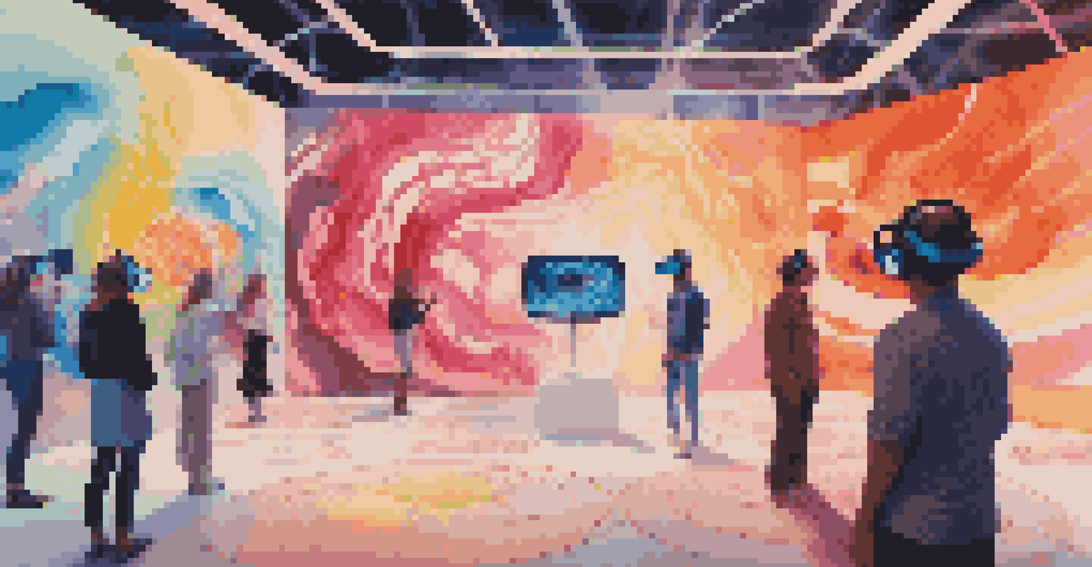 A futuristic art exhibition with a visitor using VR goggles, surrounded by colorful visuals and ambient sounds in an interactive environment.