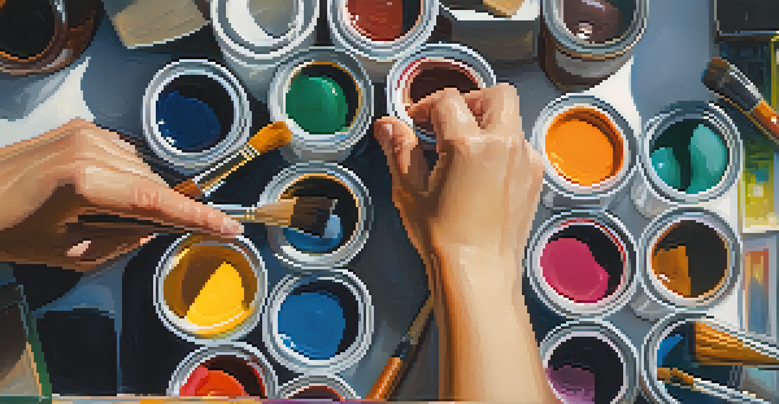 Close-up of a person's hands painting on a canvas, with colorful paint tubes and brushes around them.
