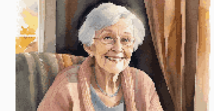 A close-up portrait of an elderly woman smiling warmly while sitting in an armchair, with soft light illuminating her features and a photo album on her lap.
