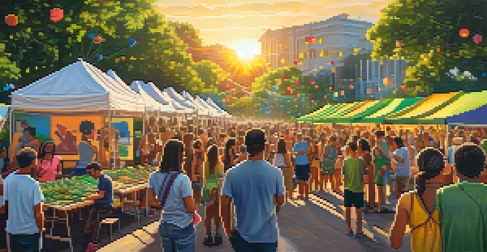 A lively outdoor art festival with artists showcasing eco-themed artwork and attendees participating in workshops amidst greenery and a sunset.