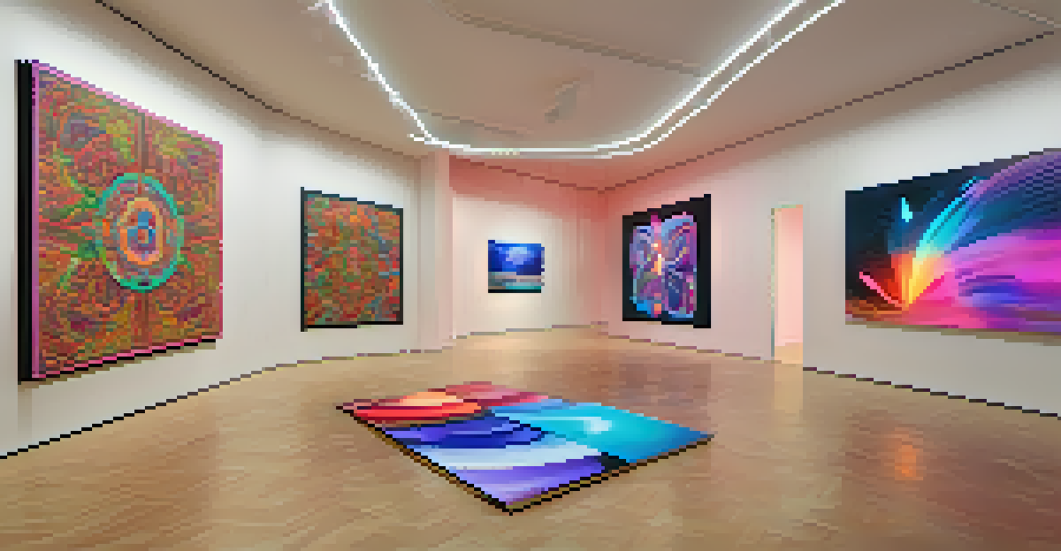 A digital art installation combining virtual reality and traditional art elements in a contemporary gallery, with vibrant colors and soft lighting.